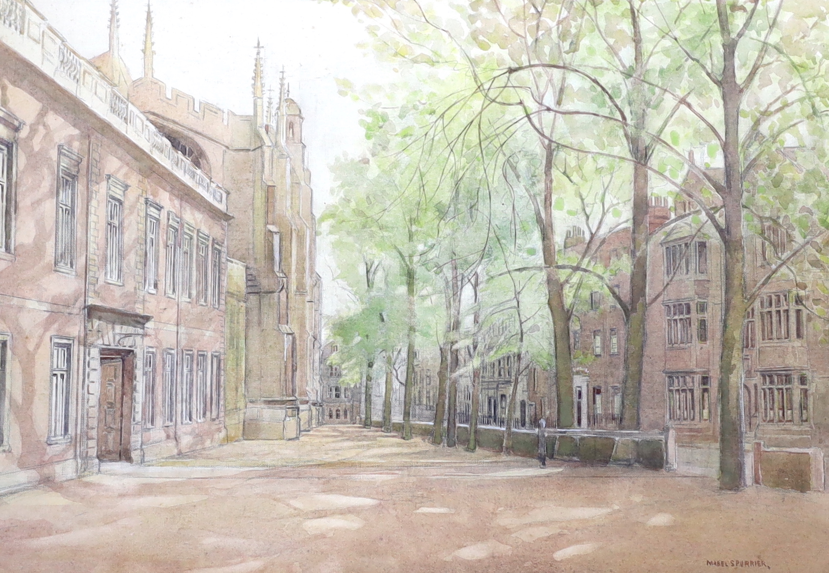 Mabel Annie Spurrier (fl.1920-1940), watercolour, Cambridge street scene, signed, 30 x 44cm